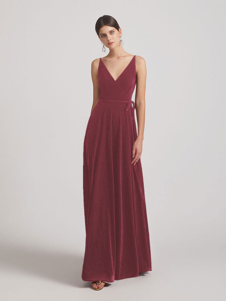 Spaghetti Strap V Neck Faux Wrap Velvet Bridesmaid Dresses