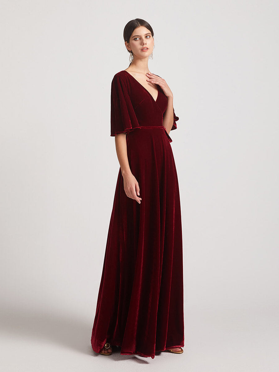 Elbow Length Flutter Sleeve Maxi Velvet Bridesmaid Dresses