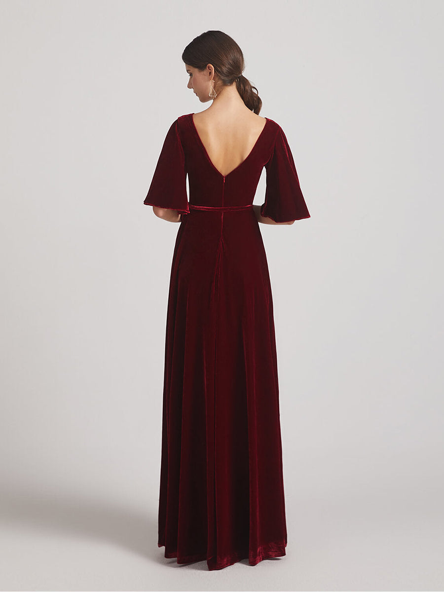 Elbow Length Flutter Sleeve Maxi Velvet Bridesmaid Dresses