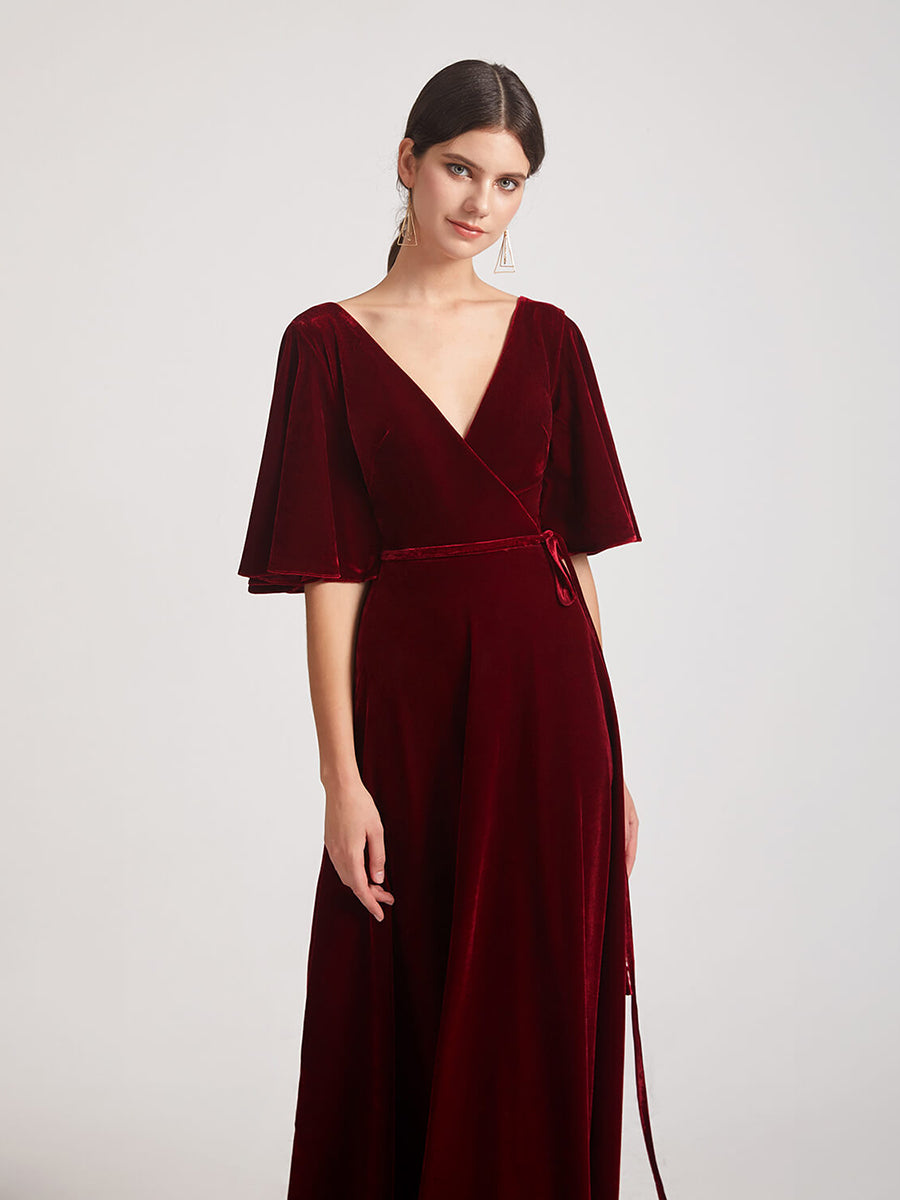 Elbow Length Flutter Sleeve Maxi Velvet Bridesmaid Dresses