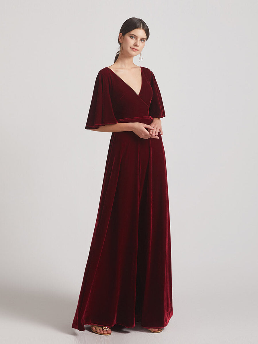 Elbow Length Flutter Sleeve Maxi Velvet Bridesmaid Dresses