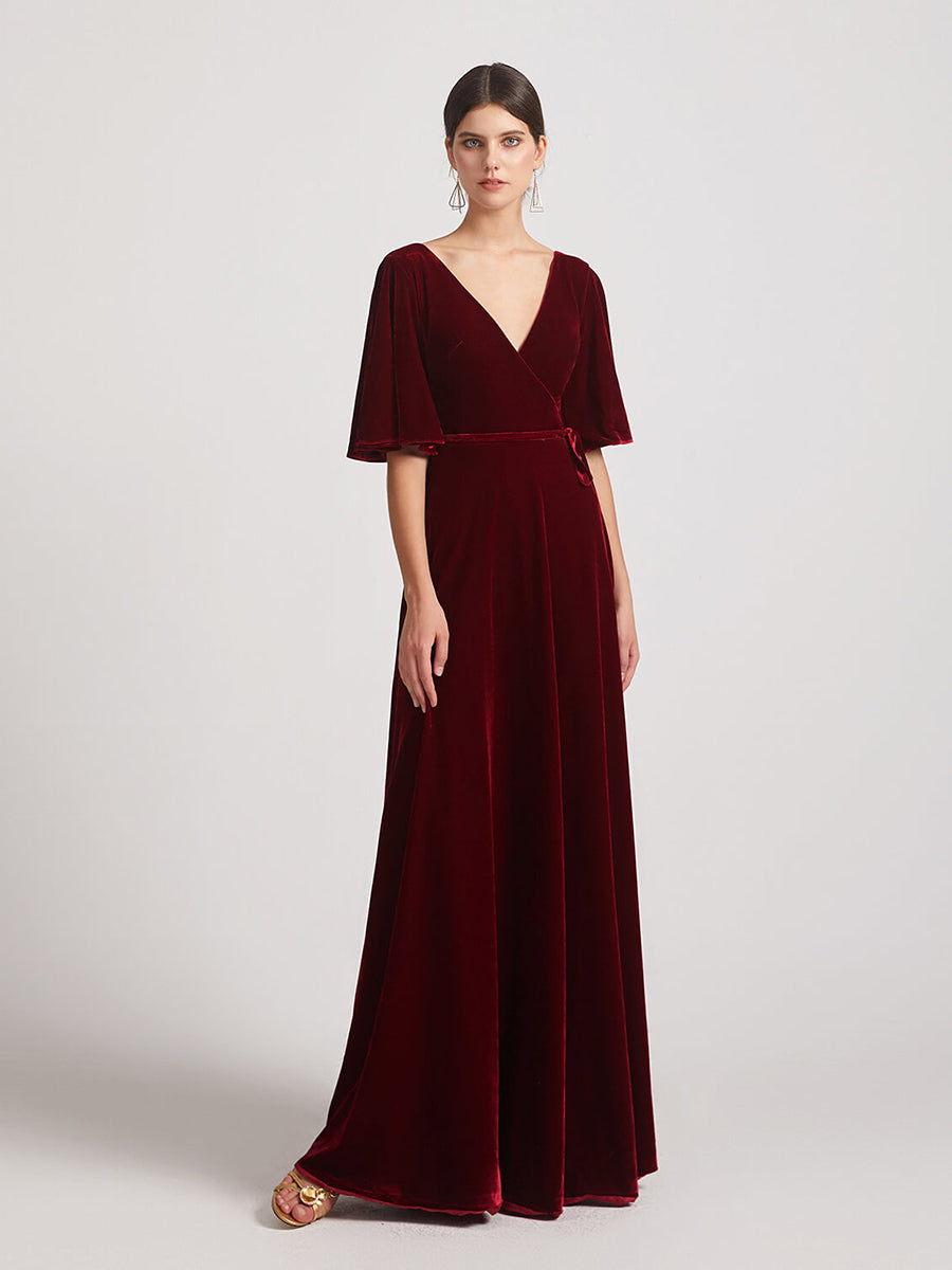 Elbow Length Flutter Sleeve Maxi Velvet Bridesmaid Dresses