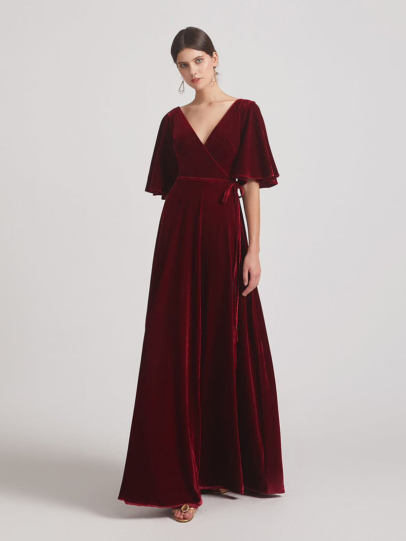 flutter Sleeve velvet bridesmaid dresses