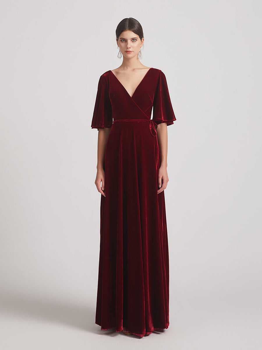 Elbow Length Flutter Sleeve Maxi Velvet Bridesmaid Dresses