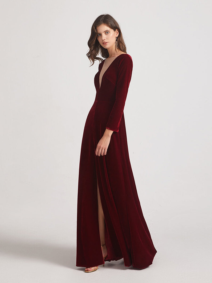 Long Sleeve Illusion V Neck Velvet Bridesmaid Dresses