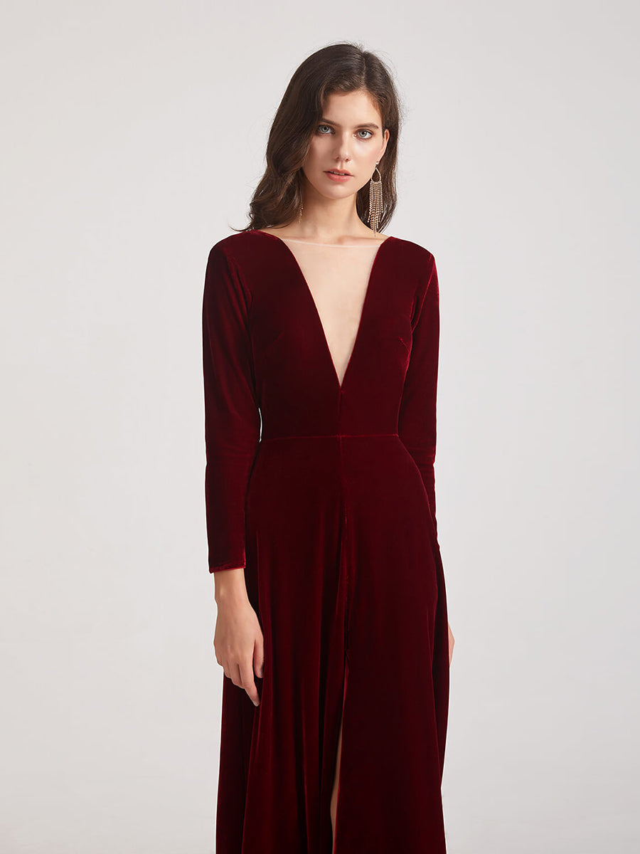 Long Sleeve Illusion V Neck Velvet Bridesmaid Dresses