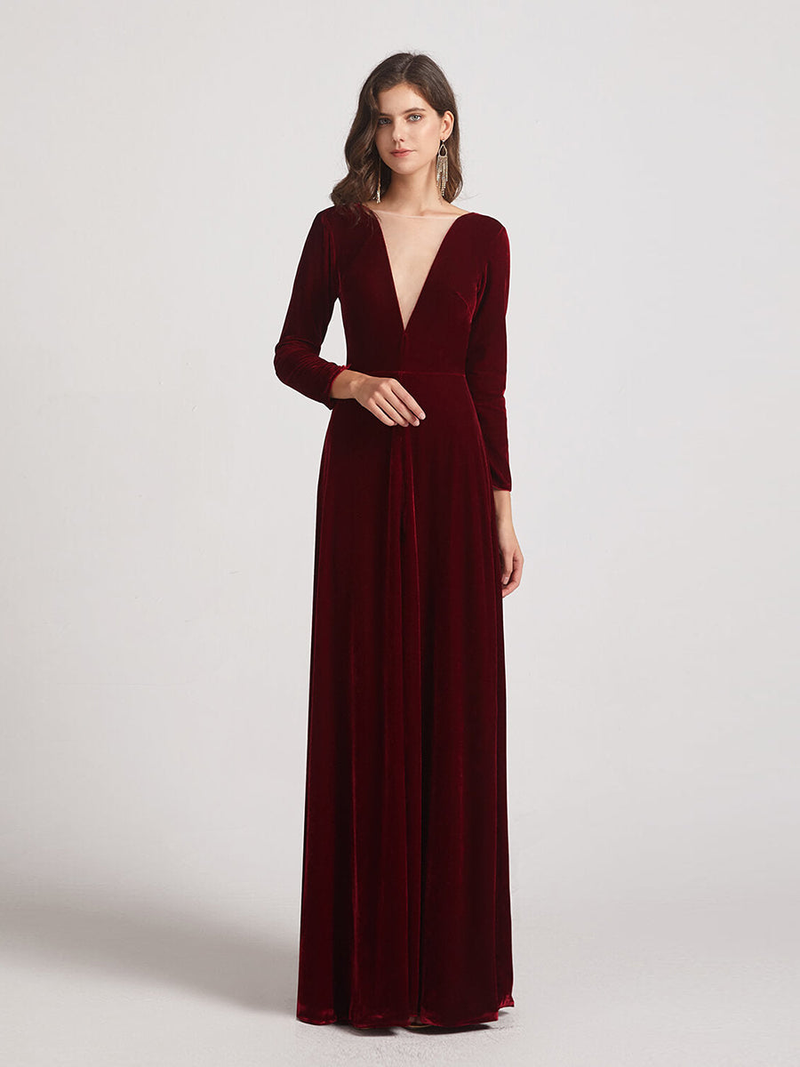 Long Sleeve Illusion V Neck Velvet Bridesmaid Dresses