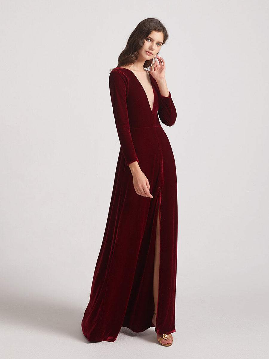 Long Sleeve Illusion V Neck Velvet Bridesmaid Dresses