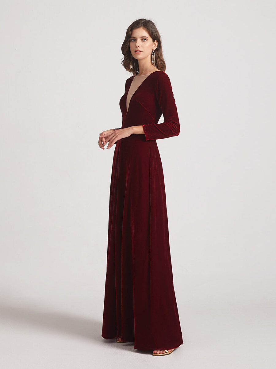 Long Sleeve Illusion V Neck Velvet Bridesmaid Dresses