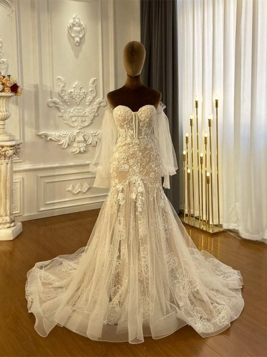 Long Sleeve Off The Shoulder Lace Mermaid Wedding Dresses