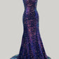 Mermaid Spaghetti Straps Long Sweep Train Velvet Sequin Prom Dress