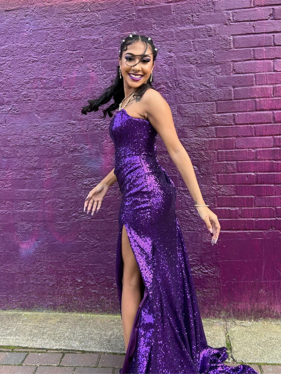 Strapless Slit Sequin Fitted Prom Dresses With Slit