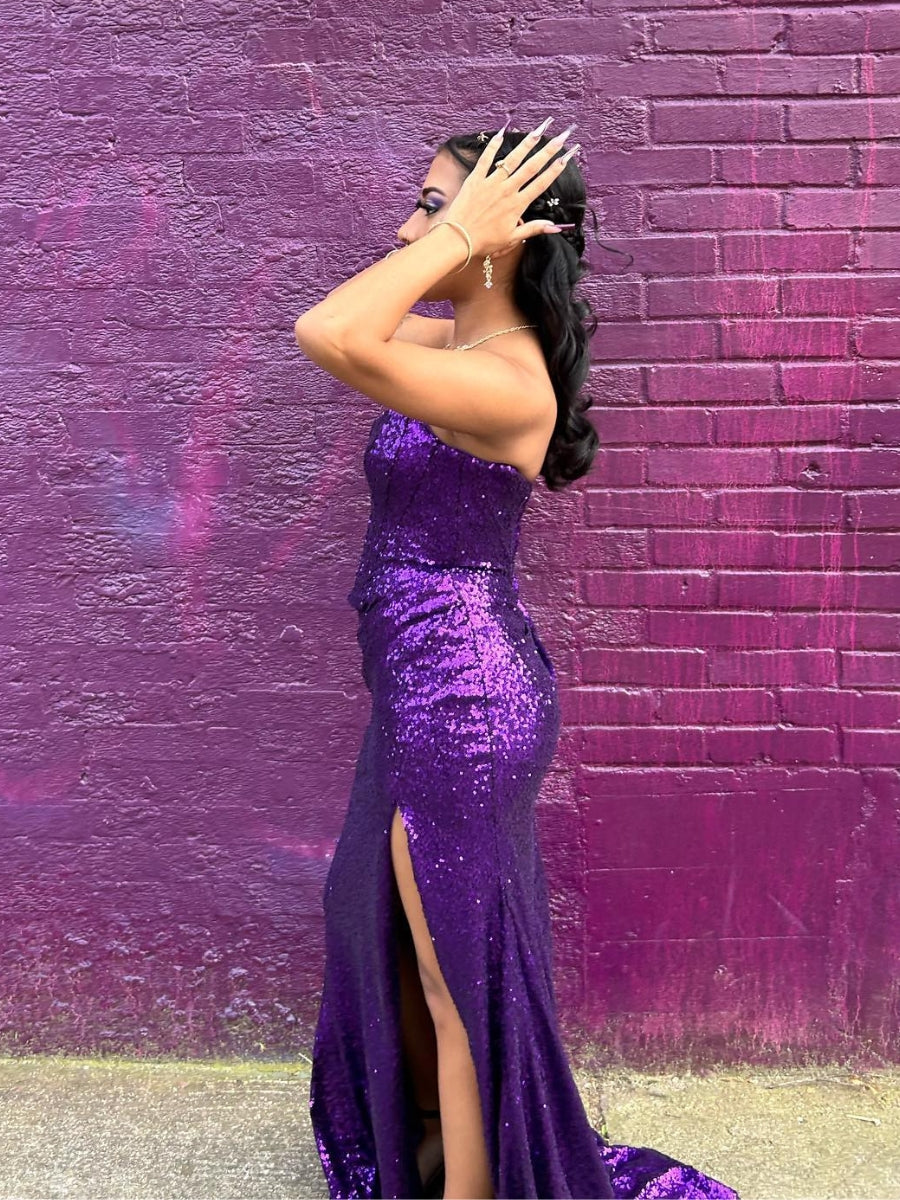 Strapless Slit Sequin Fitted Prom Dresses With Slit