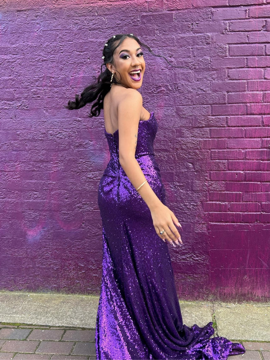 Strapless Slit Sequin Fitted Prom Dresses With Slit