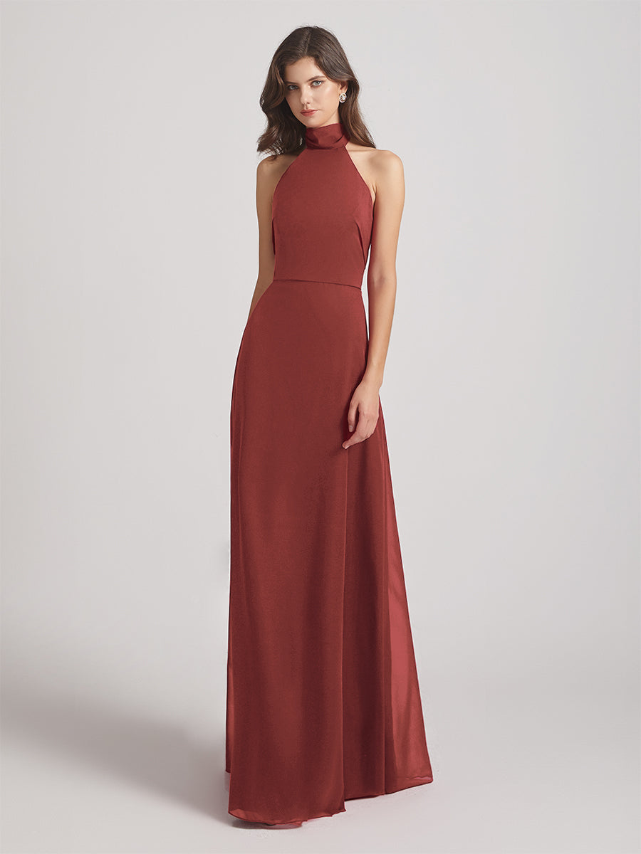 High Neck Chiffon Bridesmaid Dresses With Ribbons