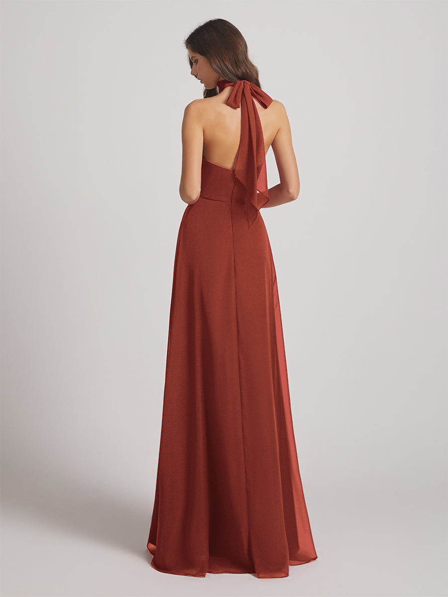 High Neck Chiffon Bridesmaid Dresses With Ribbons