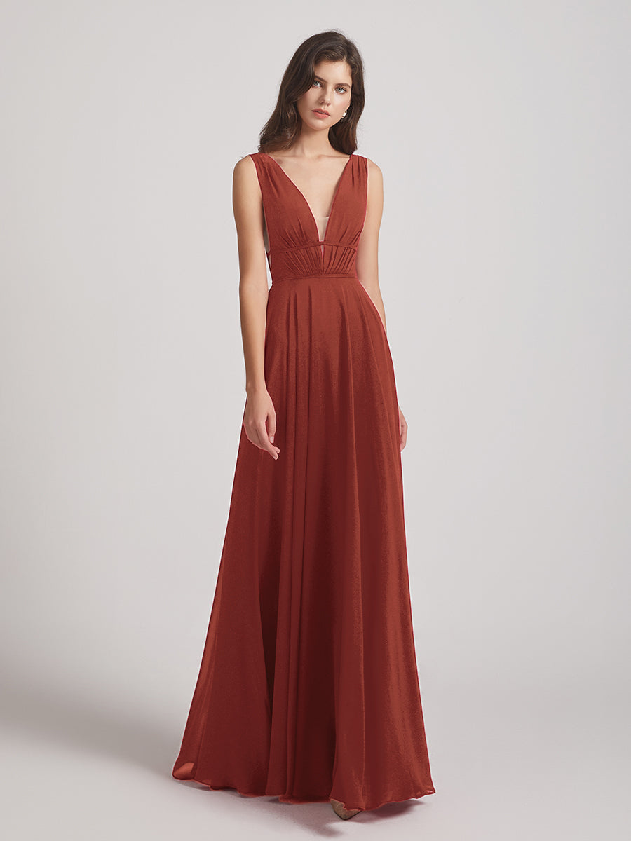 Plunging V Neck Chiffon Bridesmaid Dresses With Low Back