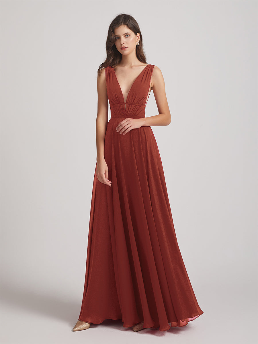 Plunging V Neck Chiffon Bridesmaid Dresses With Low Back