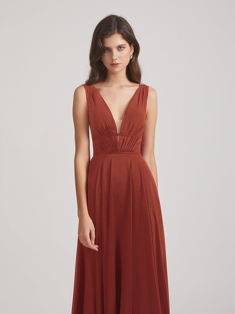 Plunging V Neck Chiffon Bridesmaid Dresses With Low Back