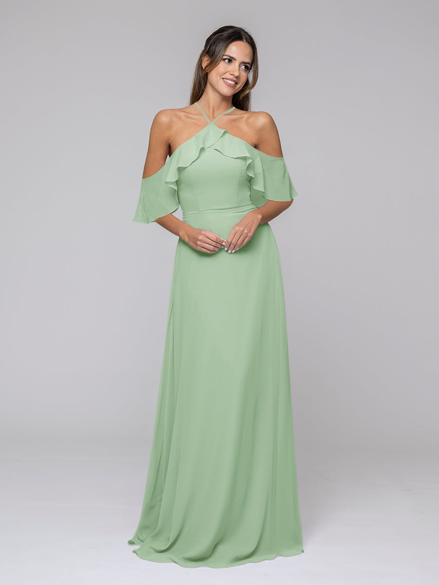 Halter Ruffles Off The Shoulder Chiffon Floor Length Bridesmaid Dresses