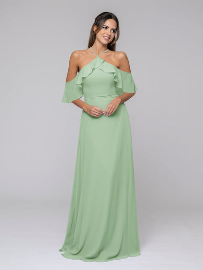Halter Ruffles Off The Shoulder Chiffon Floor Length Bridesmaid Dresses
