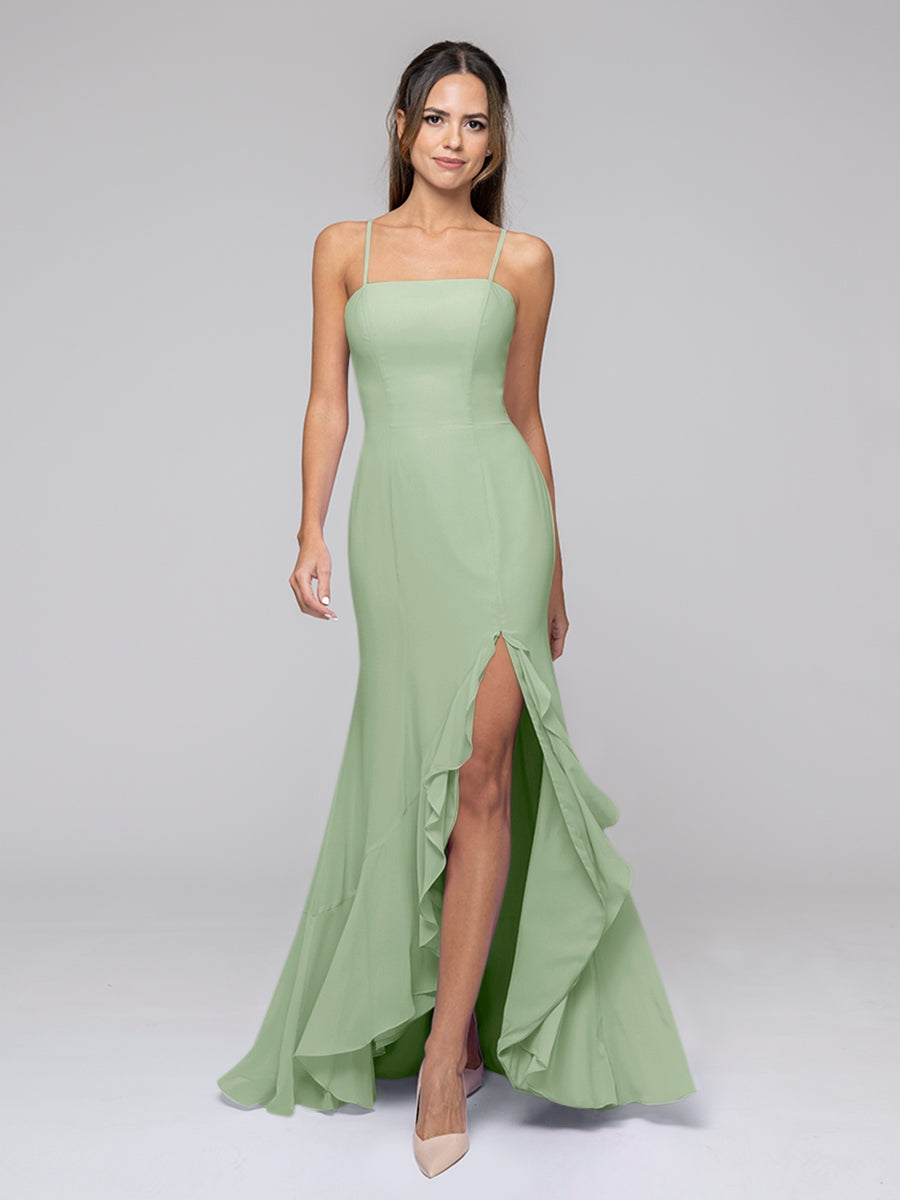 Spaghetti Strap Chiffon Mermaid Bridesmaid Dresses With Ruffles Split