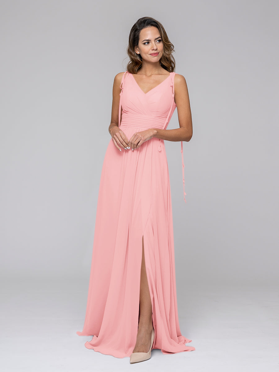 Tassel Straps V Neck Chiffon Bridesmaid Dresses With Slit Skirt