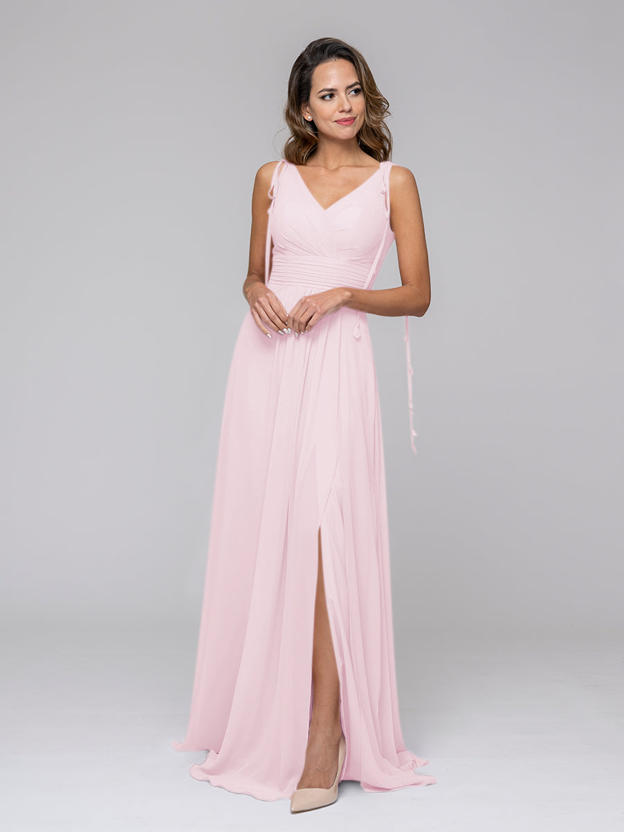 Tassel Straps V Neck Chiffon Bridesmaid Dresses With Slit Skirt