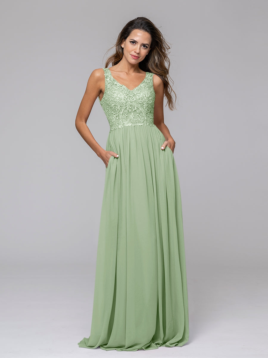 Applique V Neck Keyhole Back A Line Bridesmaid Dresses