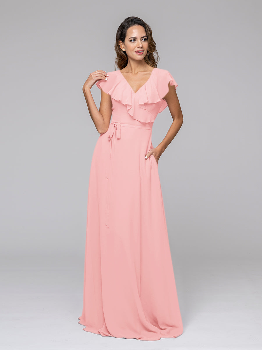 Ruffle Sleeve V Neck Belt Bridesmaid Dresses For Wedding