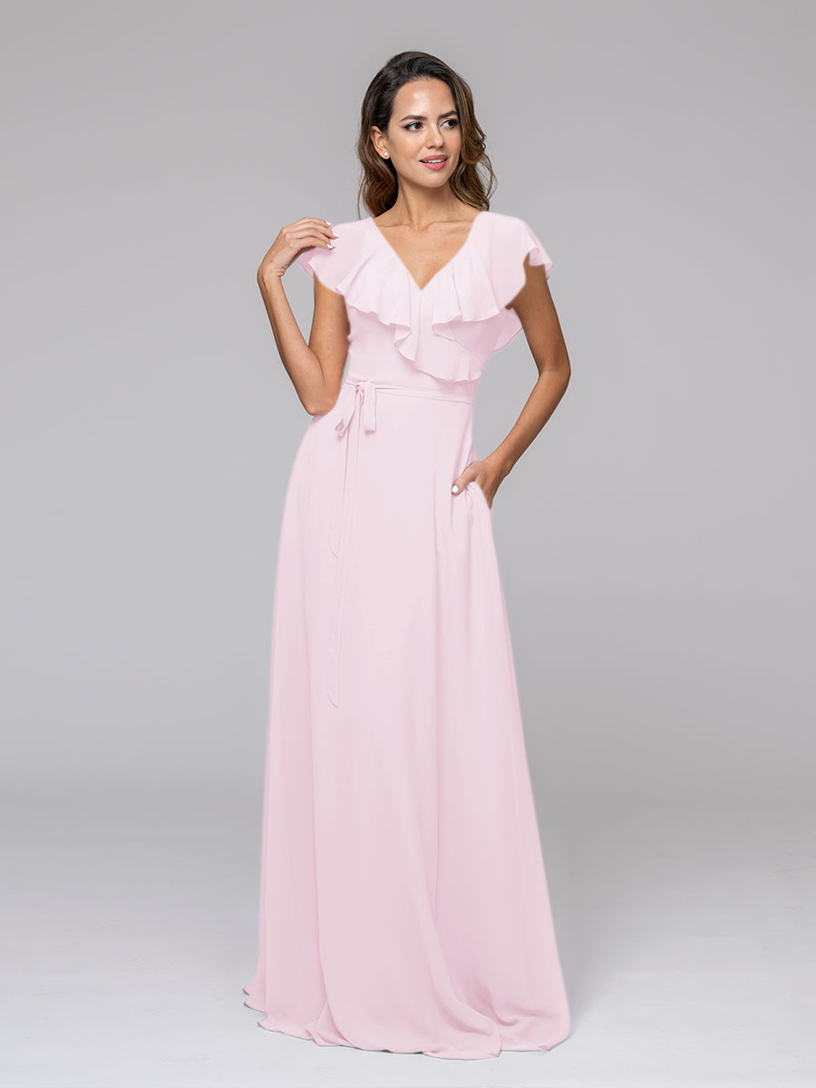 Ruffle Sleeve V Neck Belt Bridesmaid Dresses For Wedding