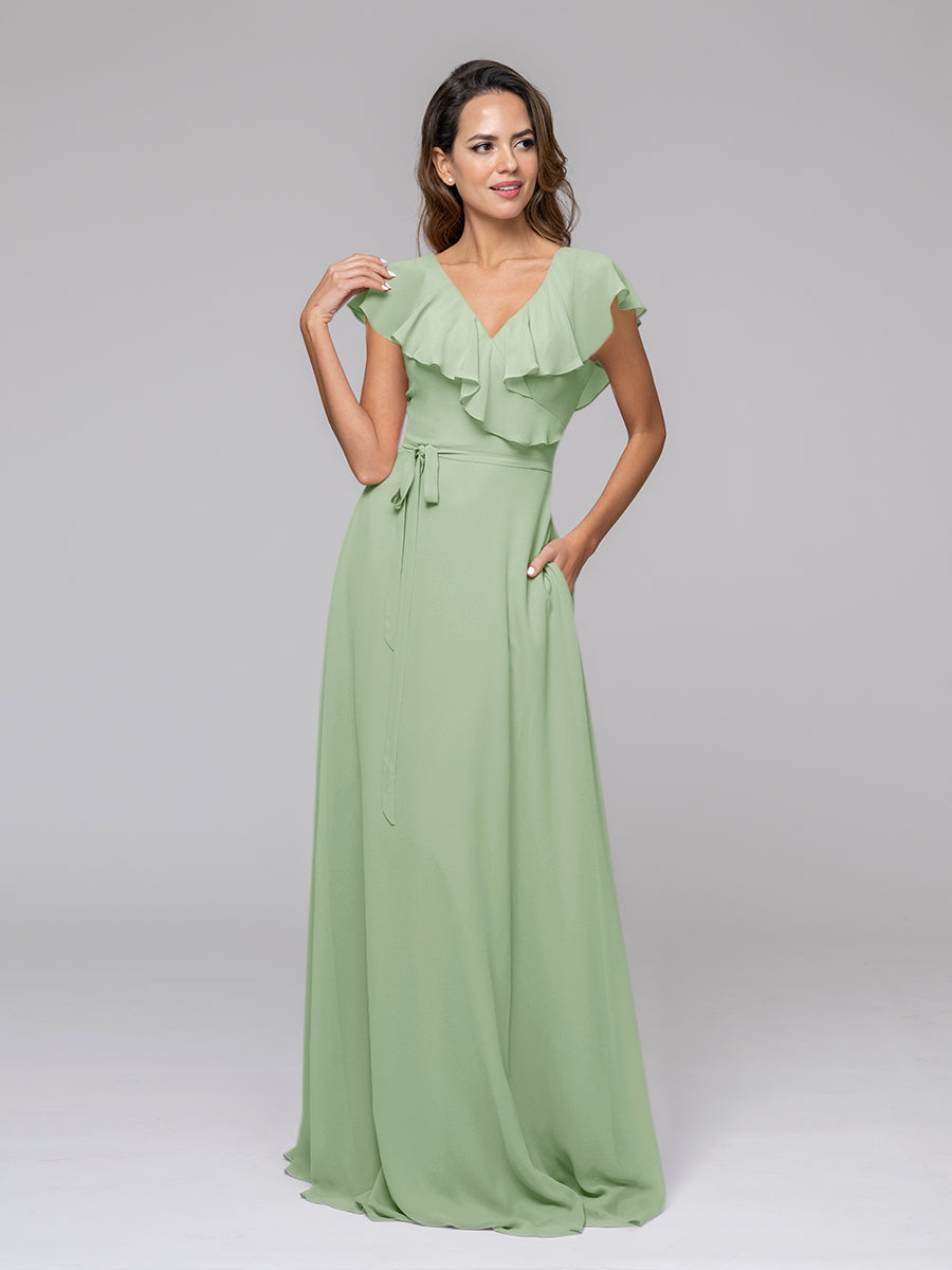 Ruffle Sleeve V Neck Belt Bridesmaid Dresses For Wedding