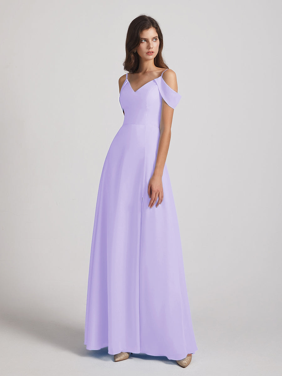 Chiffon Cold Shoulder V Neck Bridesmaid Dresses With Slit