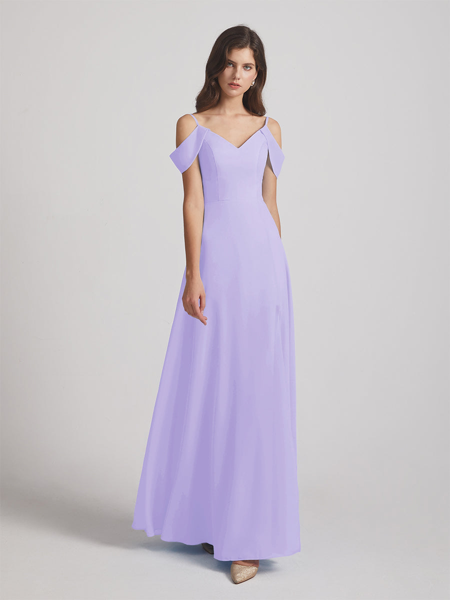 Chiffon Cold Shoulder V Neck Bridesmaid Dresses With Slit