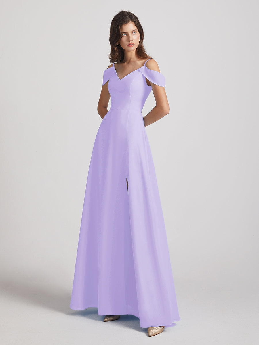 Chiffon Cold Shoulder V Neck Bridesmaid Dresses With Slit