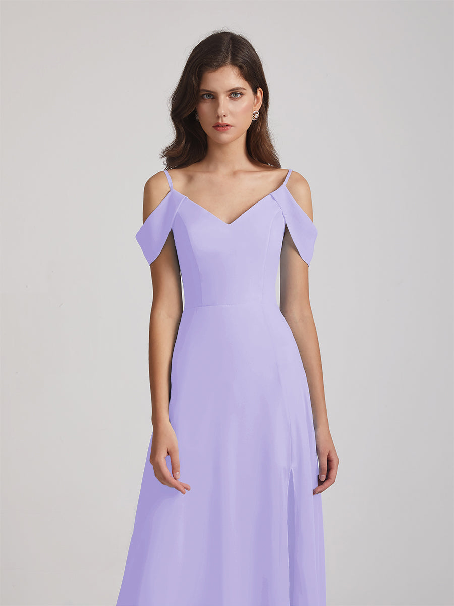 Chiffon Cold Shoulder V Neck Bridesmaid Dresses With Slit