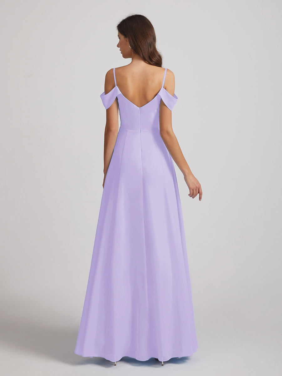 Chiffon Cold Shoulder V Neck Bridesmaid Dresses With Slit