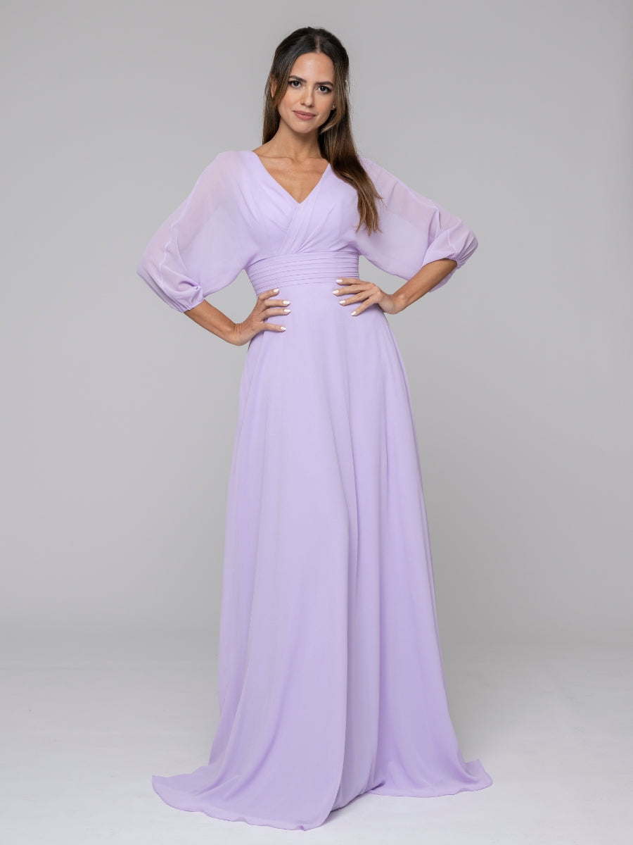 Lilac 3/4 Lantern Sleeve V Neck Chiffon A Line Bridesmaid Dresses