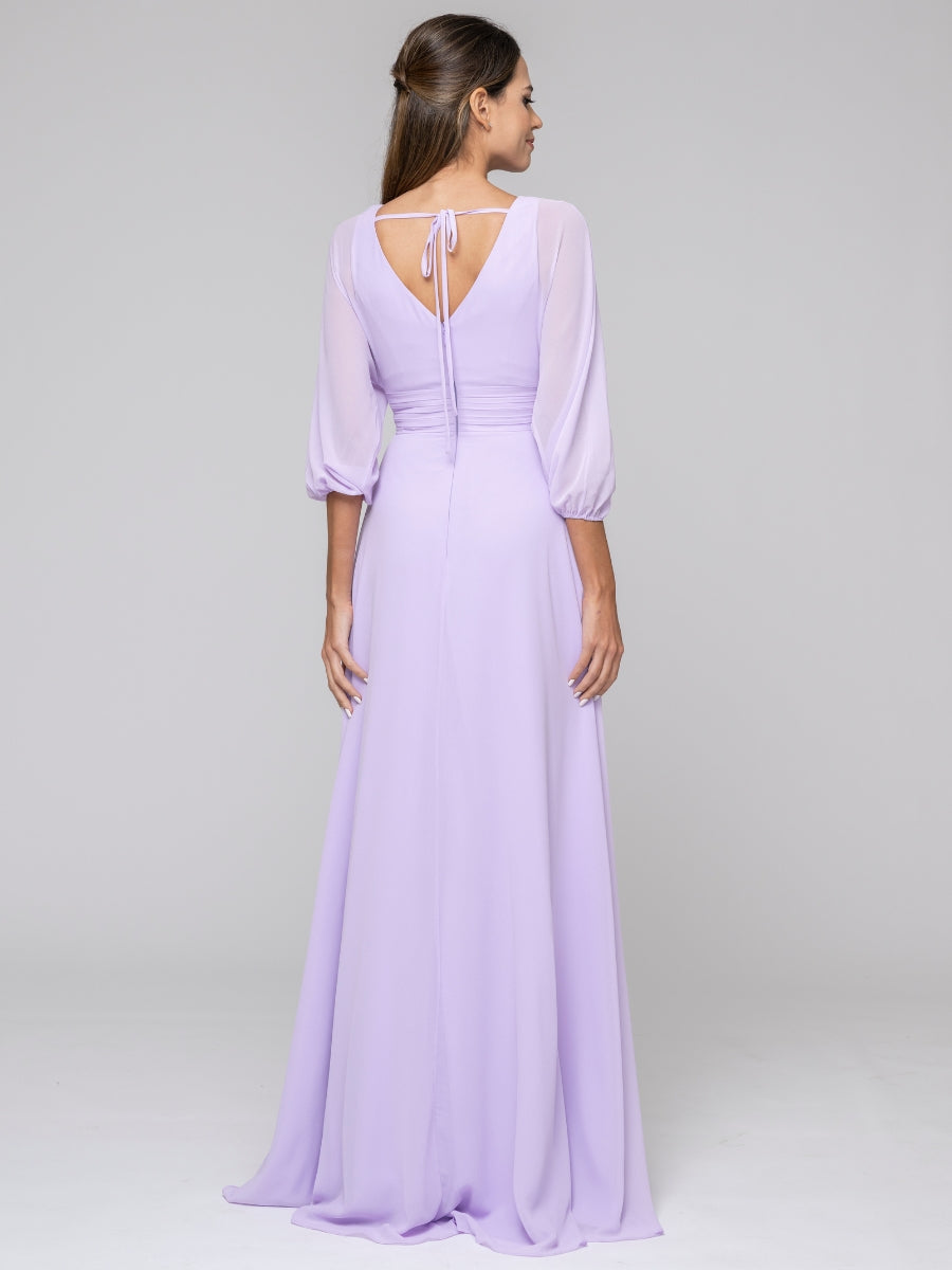 Lilac 3/4 Lantern Sleeve V Neck Chiffon A Line Bridesmaid Dresses