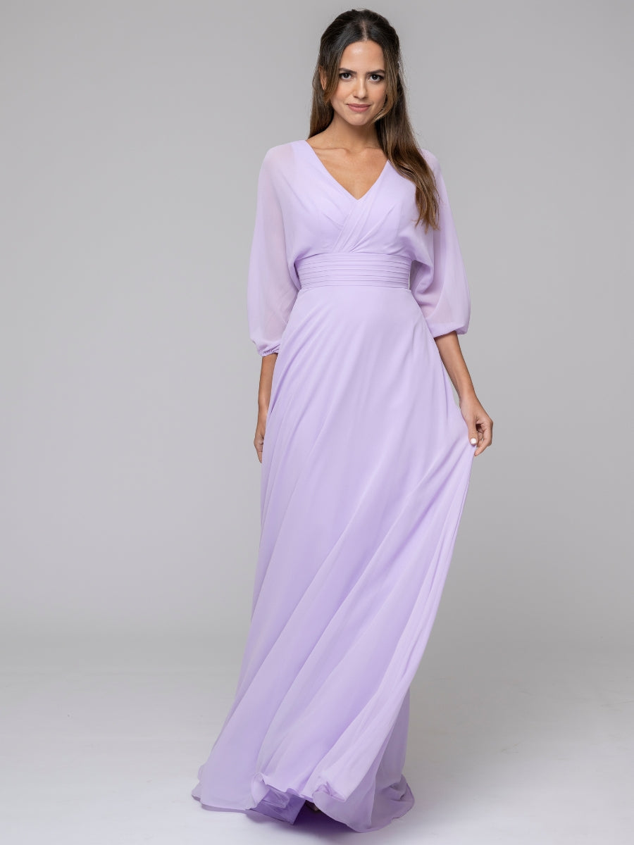 Lilac 3/4 Lantern Sleeve V Neck Chiffon A Line Bridesmaid Dresses