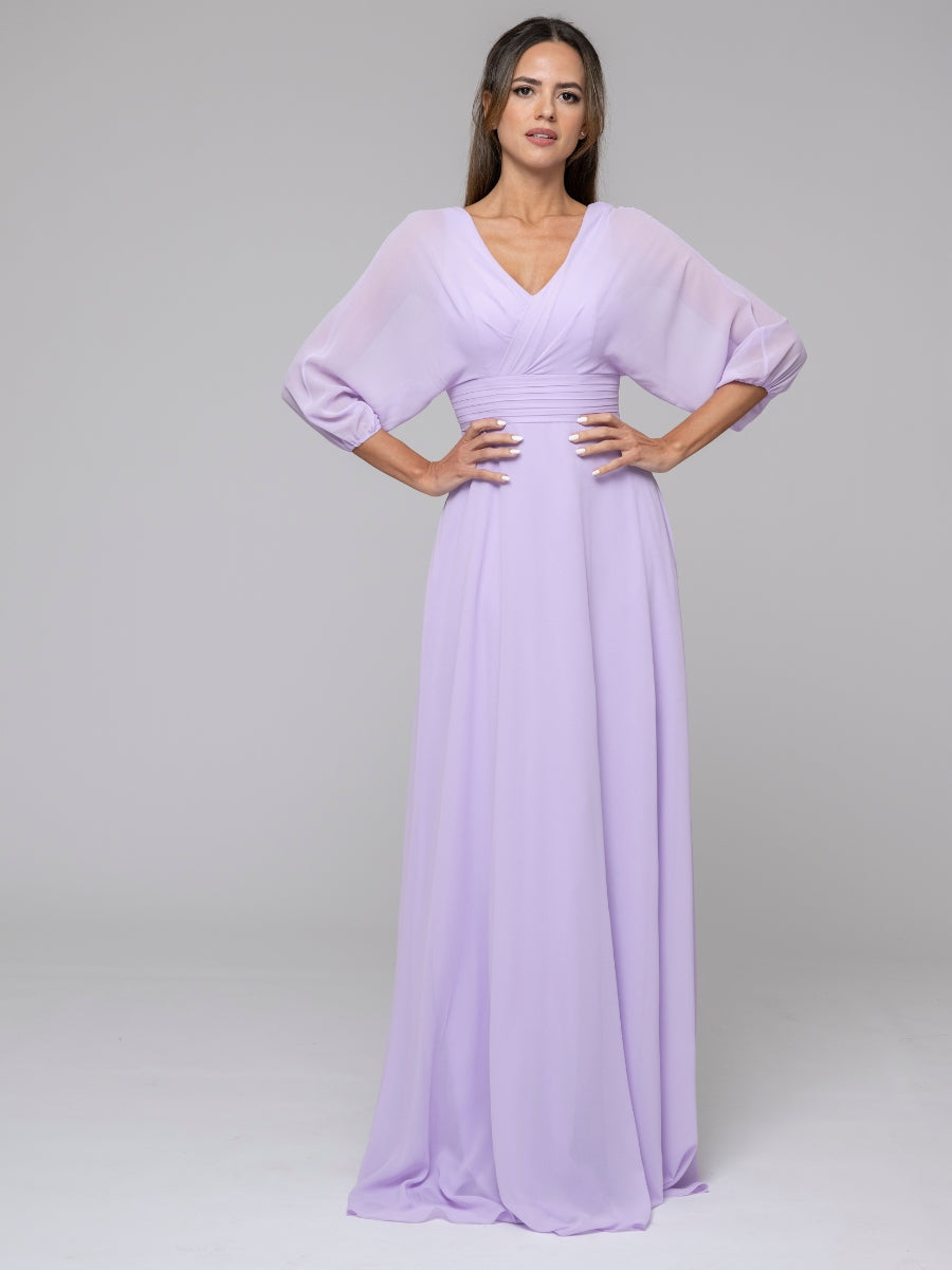 Lilac 3/4 Lantern Sleeve V Neck Chiffon A Line Bridesmaid Dresses