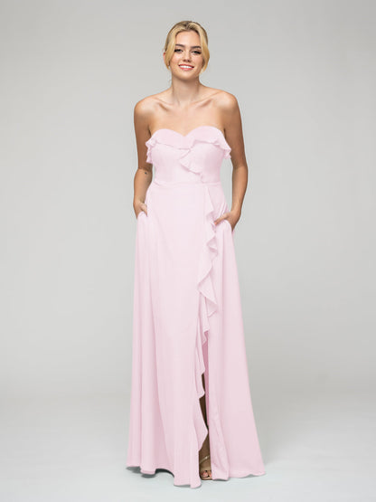 A Line Chiffon Strapless Bridesmaid Dresses With Ruffles