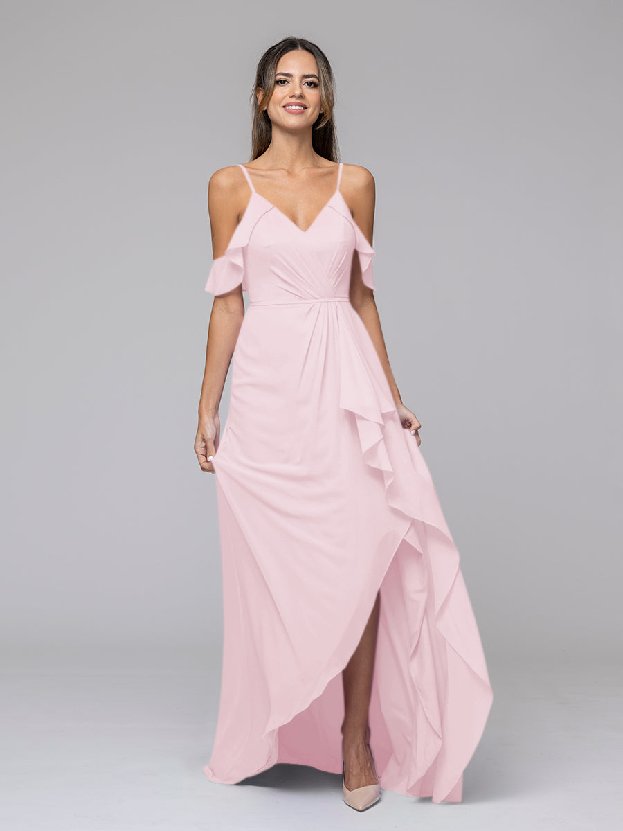 Cold Shoulder Chiffon Open Back High Low Bridesmaid Dresses