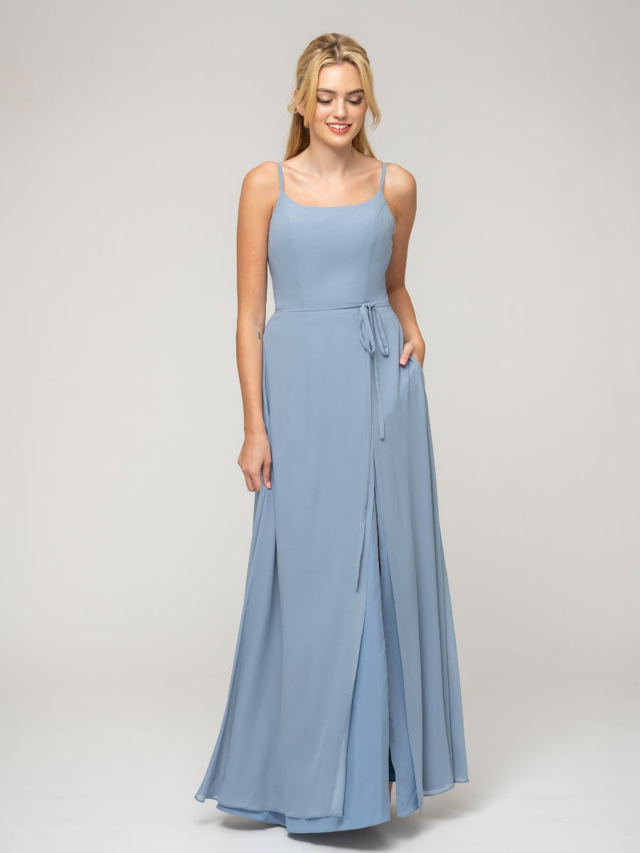  A Line Scoop Neckline Chiffon Slit Belt Bridesmaid Dresses
