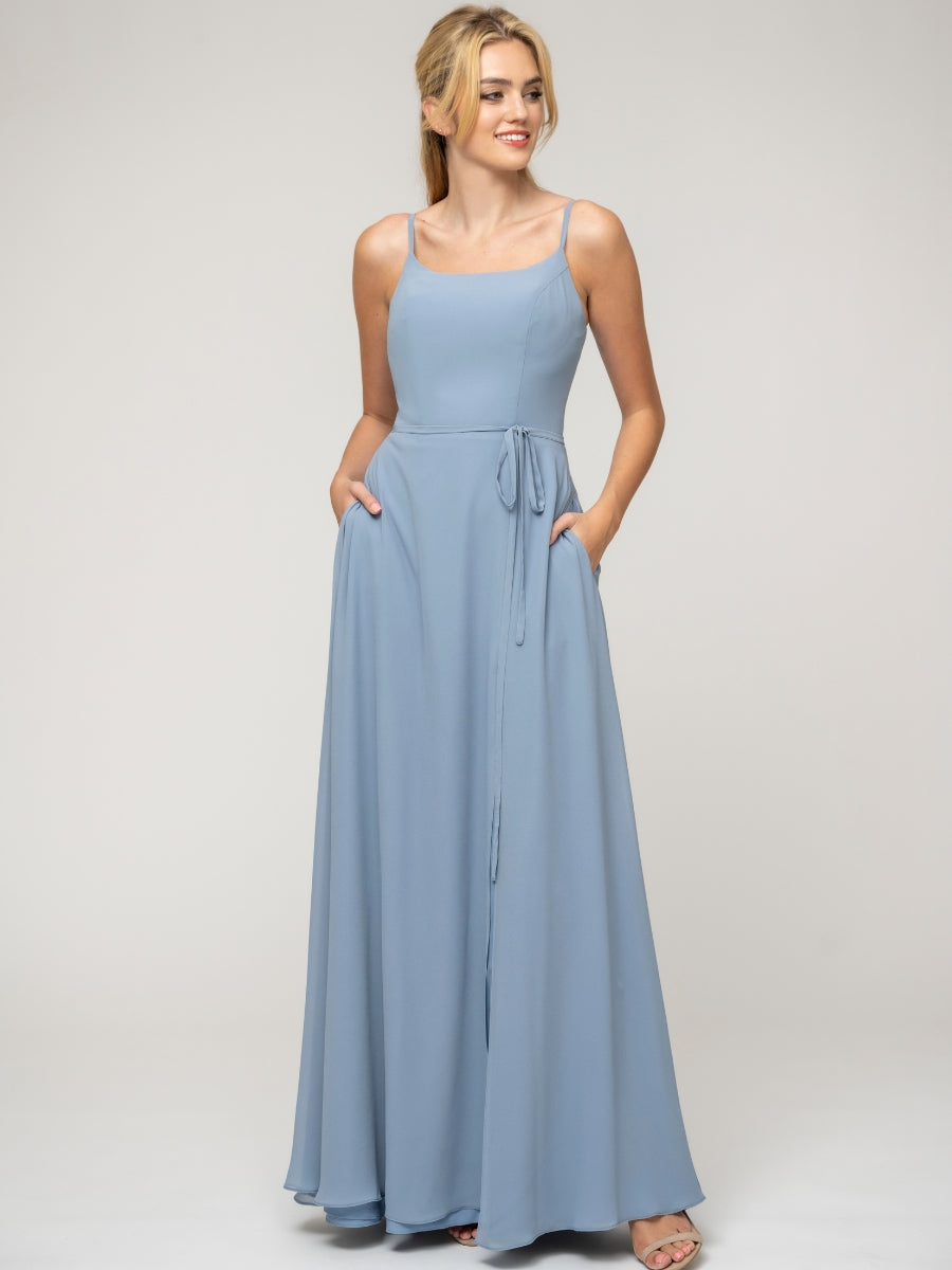  A Line Scoop Neckline Chiffon Slit Belt Bridesmaid Dresses