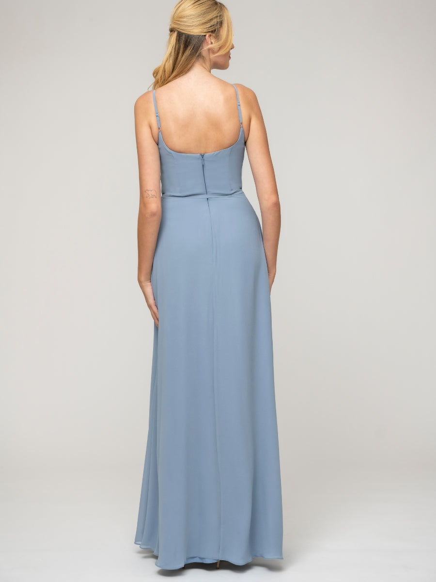  A Line Scoop Neckline Chiffon Slit Belt Bridesmaid Dresses