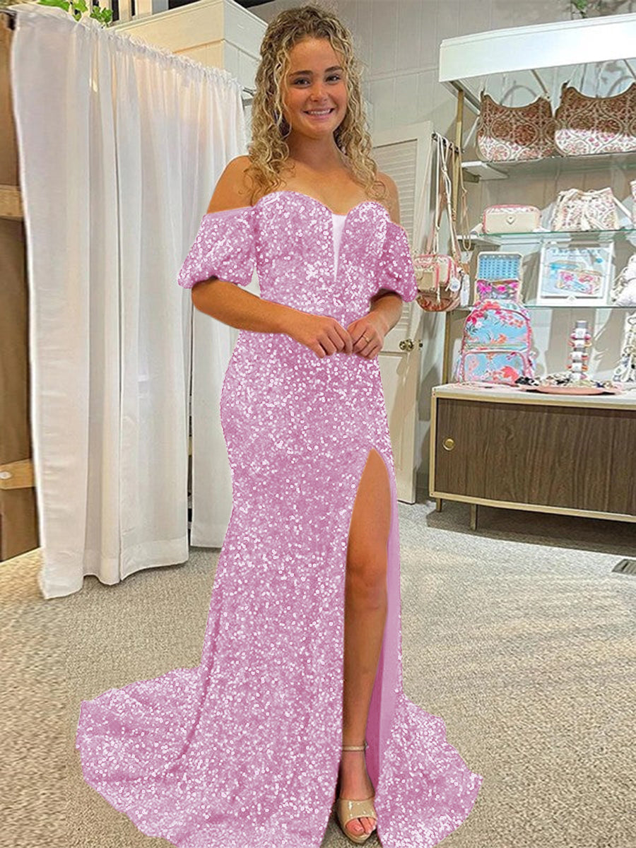 Sheath Off the Shoulder Short Sleeves Long Velvet Sequin Prom Dress