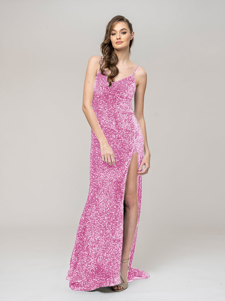 V Neck Sequin Fitted Prom Dress With Sweep Train
