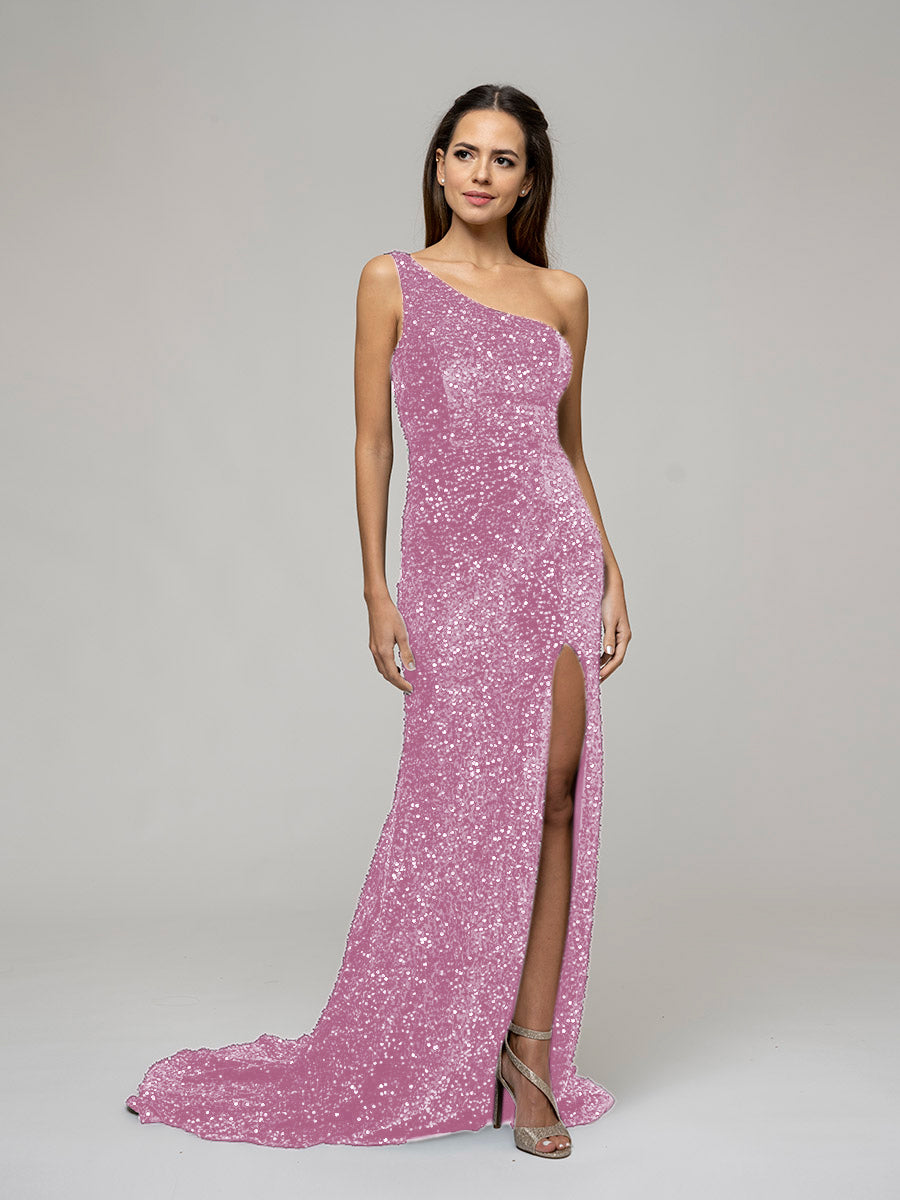 Open Back Sparkly Sequin Fitted Prom Dresses With Split
