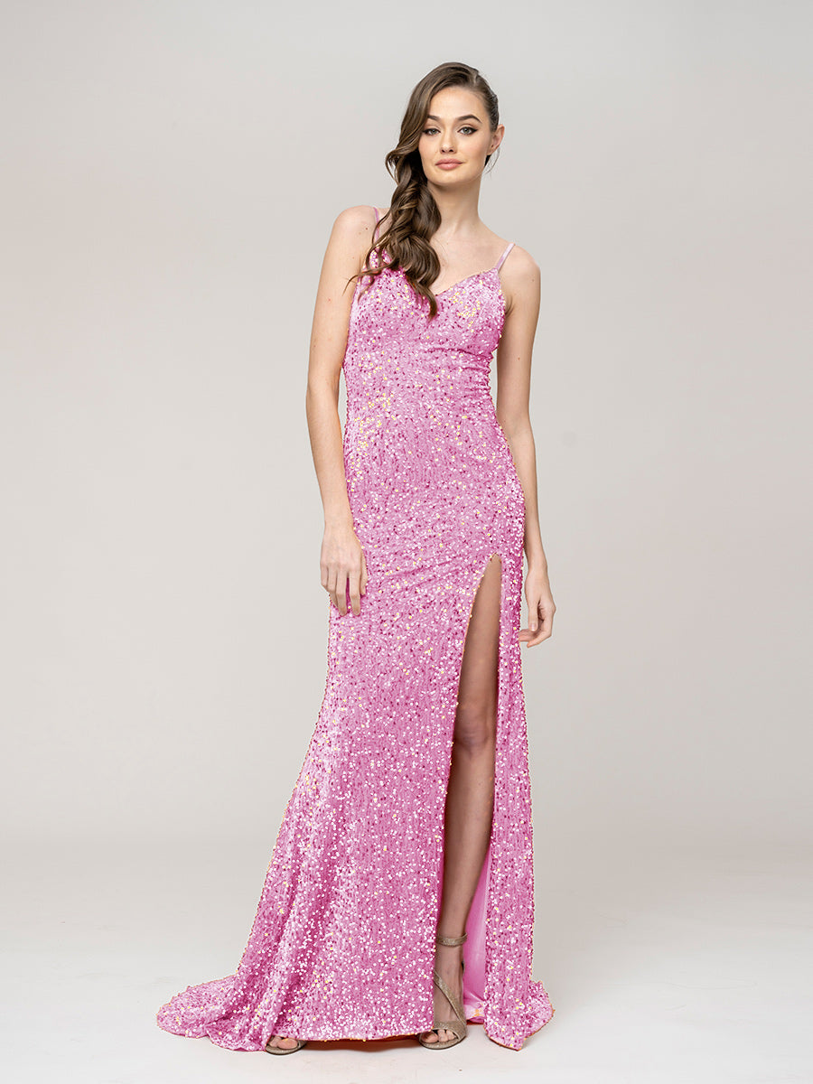 Sequin Spaghetti Strap Open Back Fitted Prom Dresses